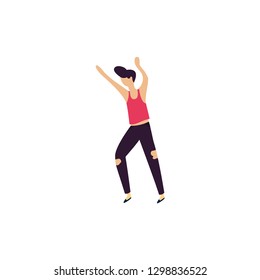 Young man flat illustration. Man with hands up illustration. Dancing young man - Vector