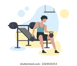 Young man flexes his arm muscles. Male character lifts kettlebell in gym. Work on body sculpture. Man sits on bench press. Color illustration in flat style