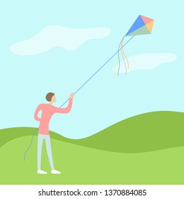 young man flies a kite on open air with a good weather and wind. flat modern vector illustration