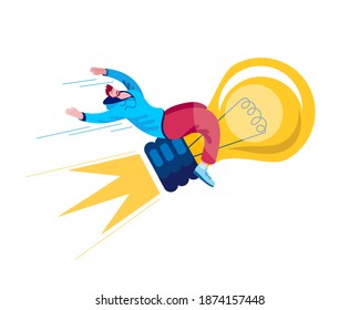 A young man flies on a light bulb-thoughts, as on a rocket. Vector illustration of a successful idea.