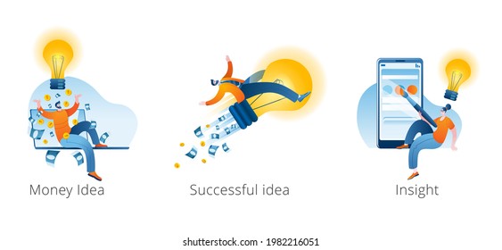 A young man flies on a light bulb-thoughts, as on a rocket. The young man came up with a brilliant idea that brings money. Set of vector illustrations of a successful idea.