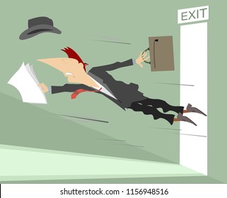 Young man flies out from the open door isolated illustration. Man with bag and documents flies out from the open door vector
