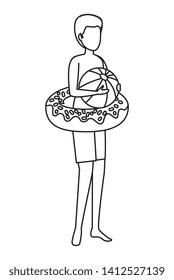 young man with float donut and balloon plastic
