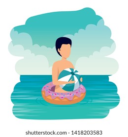 young man with float donut and balloon plastic on the sea
