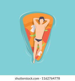 Young man floating on air mattress in the shape of piece of pizza in swimming pool, top view vector Illustration
