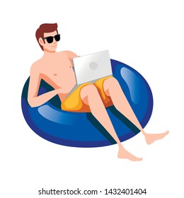 Young Man Floating On An Blue Inflatable Circle With Laptop Flat Vector Illustration Isolated On White Background Cartoon Character Design