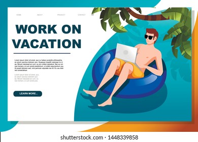 Young Man Floating On An Blue Inflatable Circle With Laptop Flat Vector Illustration Work At Vacation Horizontal Banner Web Site Design