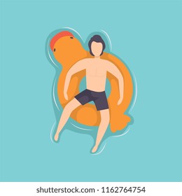 Young man floating on inflatable ring in the shape of duck in swimming pool, top view vector Illustration