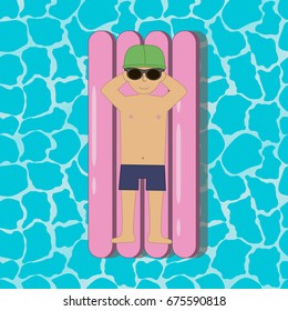 Young man floating on a inflatable swim mattress in a swimming pool or sea or ocean. Boy in sunglasses and cap. Vector illustration.