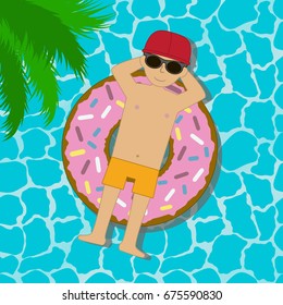 Young man floating on an inflatable circle in a swimming pool or sea or ocean. Boy in sunglasses and cap swimming in swim ring in donut form. Vector illustration.