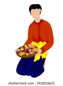 young man with flower basket, vector design