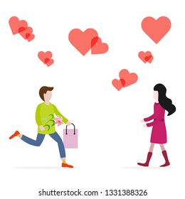 Young man with flower and gift rushing for a date with woman, hearts. Birthday, Valentine's day, Mother's Day vector background. Design for greeting card, banner, poster or print.