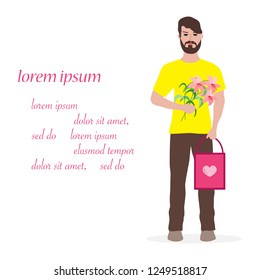 Young man with flowers and gift. Birthday, Valentine's day, Mother's Day vector background. Design for greeting card, banner, poster or print.