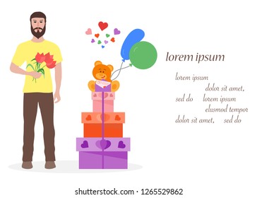 Young man with flowers and gift boxes, balloons, soft toy bear. Birthday, Valentine's day, Mother's Day vector background. Design for greeting card, banner, poster or print.