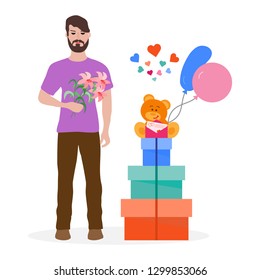 Young man with flowers and gift boxes, balloons, soft toy bear. Birthday, Valentine's day, Mother's Day vector background. Design for greeting card, banner, poster or print.