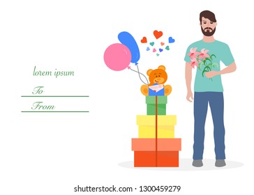 Young man with flowers and gift boxes, balloons, soft toy bear. Birthday, Valentine's day, Mother's Day vector background. Design for greeting card, banner, poster or print.