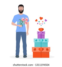 Young man with flowers and gift boxes. Birthday, Valentine's day, Mother's Day vector background. Design for greeting card, banner, poster or print.