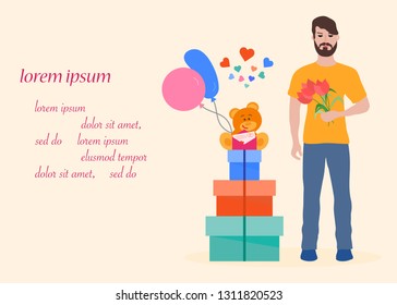 Young man with flowers and gift boxes, balloons, soft toy bear. Birthday, Valentine's day, Mother's Day vector background. Design for greeting card, banner, poster or print.