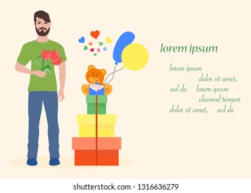 Young man with flowers and gift boxes, balloons, soft toy bear. Birthday, Valentine's day, Mother's Day vector background. Design for greeting card, banner, poster or print.