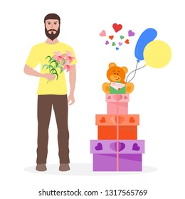 Young man with flowers and gift boxes, balloons, soft toy bear. Birthday, Valentine's day, Mother's Day vector background. Design for greeting card, banner, poster or print.