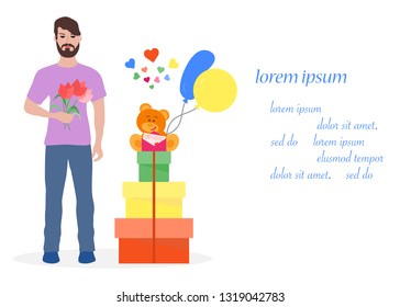 Young man with flowers and gift boxes, balloons, soft toy bear. Birthday, Valentine's day, Mother's Day vector background. Design for greeting card, banner, poster or print.