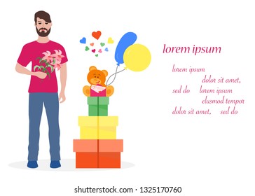 Young man with flowers and gift boxes, balloons, soft toy bear. Birthday, Valentine's day, Mother's Day vector background. Design for greeting card, banner, poster or print.