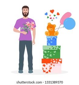 Young man with flowers and gift boxes, balloons, soft toy bear. Birthday, Valentine's day, Mother's Day vector background. Design for greeting card, banner, poster or print.