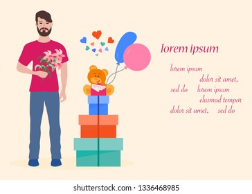 Young man with flowers and gift boxes, balloons, soft toy bear. Birthday, Valentine's day, Mother's Day vector background. Design for greeting card, banner, poster or print.