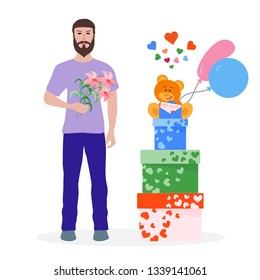 Young man with flowers and gift boxes, balloons, soft toy bear. Birthday, Valentine's day, Mother's Day vector background. Design for greeting card, banner, poster or print.