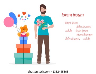 Young man with flowers and gift boxes, balloons, soft toy bear. Birthday, Valentine's day, Mother's Day vector background. Design for greeting card, banner, poster or print.