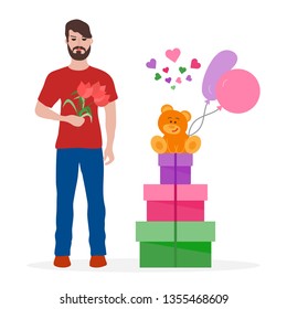 Young man with flowers and gift boxes, balloons, soft toy bear. Birthday, Valentine's day, Mother's Day vector background. Design for greeting card, banner, poster or print.
