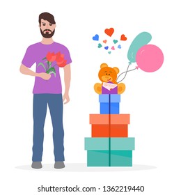 Young man with flowers and gift boxes, balloons, soft toy bear. Birthday, Valentine's day, Mother's Day vector background. Design for greeting card, banner, poster or print.