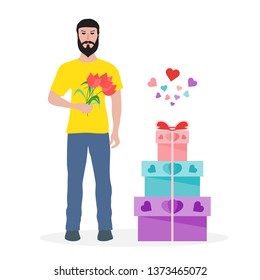 Young man with flowers and gift boxes. Birthday, Valentine's day, Mother's Day vector background. Design for greeting card, banner, poster or print.