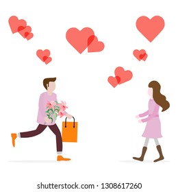 Young man with flowers and gift rushing for a date with woman, hearts. Birthday, Valentine's day, Mother's Day vector background. Design for greeting card, banner, poster or print.