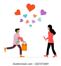Young man with flowers and gift rushing for a date with woman, hearts. Birthday, Valentine's day, Mother's Day vector background. Design for greeting card, banner, poster or print.