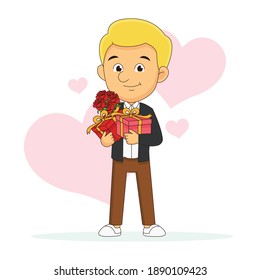 Der junge Mann mit Blumen und Geschenk wartet auf den Liebhaber