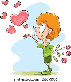 young man with flowers and hearts, vector illustration in romantic style for kids, isolated on white