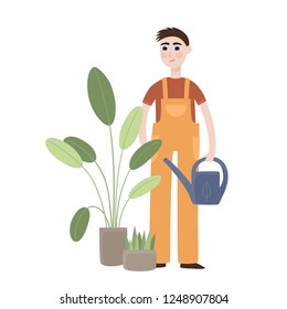 Young man with flowers in pots isolated on white - male character for eco-friendly and organic concept in flat vector illustration used for magazine, book, poster, card, web pages.