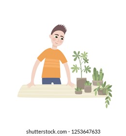 Young man with flowers in pots isolated on white - male character for eco-friendly and organic concept in flat vector illustration used for magazine, book, poster, card, web pages.