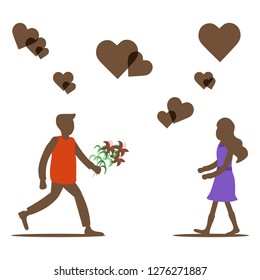 Young man with flowers rushing for a date with woman, hearts. Birthday, Valentine's day, Mother's Day vector background. Design for greeting card, banner, poster or print.
