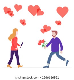 Young man with flowers rushing for a date with woman, hearts. Birthday, Valentine's day, Mother's Day vector background. Design for greeting card, banner, poster or print.