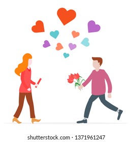 Young man with flowers rushing for a date with woman, hearts. Birthday, Valentine's day, Mother's Day vector background. Design for greeting card, banner, poster or print.