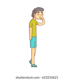 Young man with with a flu and running nose, mucus flowing from his nose. Colorful cartoon character