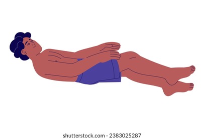 Young man fly in air in dream. Boy lying on back, relax in weightlessness. Person floating in imagination, rest in zero gravity. People flying in vision. Flat isolated vector illustration on white.