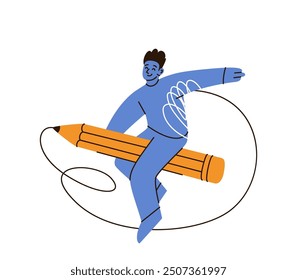 Young man fly on yellow pencil vector illustration. Flat education concept design. Cute blue modern character isolated on white background.