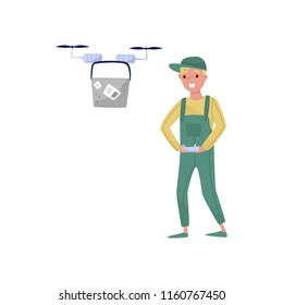 Young man flying drone with remote control, fast delivery service vector Illustration on a white background