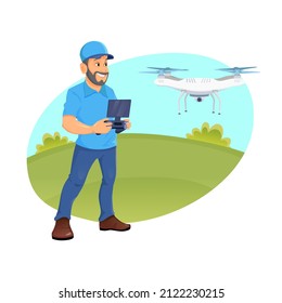 A young man flying a drone with remote control. Caucasian man operating a drone with remote control. The cheerful man controlling a drone.