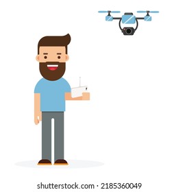 Young Man flying drone vector illustration.