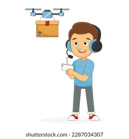 Young Man flying drone vector illustration.