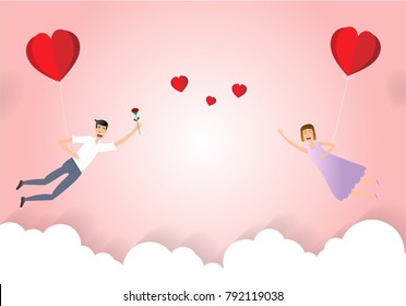 Young man flying with heart balloon to give rose to young lady, Celebration Valentine day.